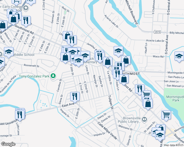 map of restaurants, bars, coffee shops, grocery stores, and more near 3055 Naranjo Street in Brownsville