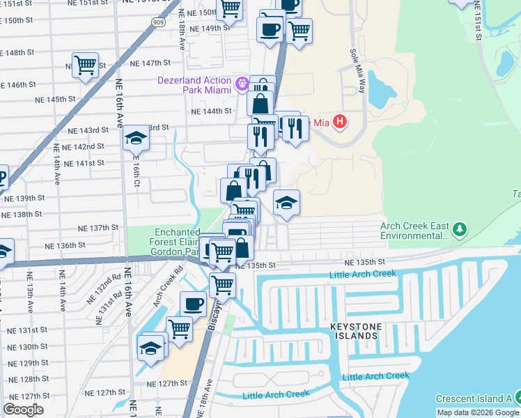 map of restaurants, bars, coffee shops, grocery stores, and more near 13791 Highland Drive in North Miami Beach