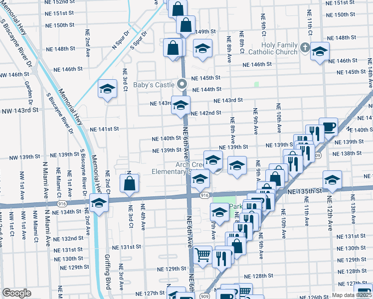 map of restaurants, bars, coffee shops, grocery stores, and more near Northeast 6th Avenue in Miami-Dade County