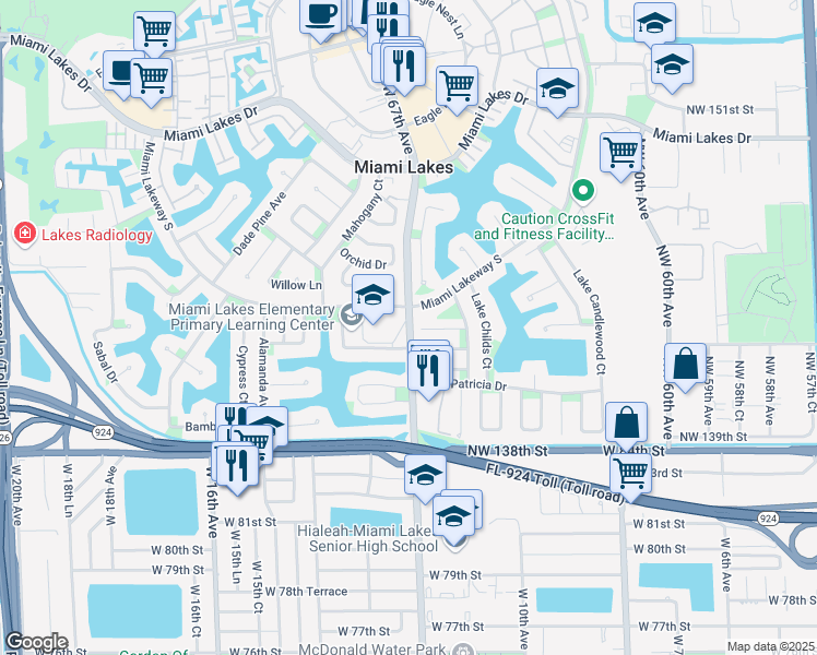 map of restaurants, bars, coffee shops, grocery stores, and more near 14250 Northwest 67th Avenue in Miami Lakes