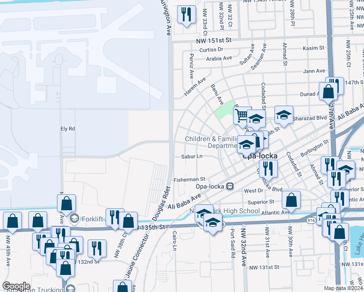 map of restaurants, bars, coffee shops, grocery stores, and more near 410 Jann Avenue in Opa-locka