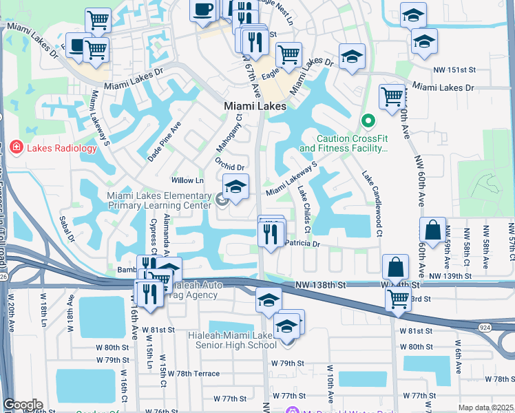 map of restaurants, bars, coffee shops, grocery stores, and more near in Miami Lakes