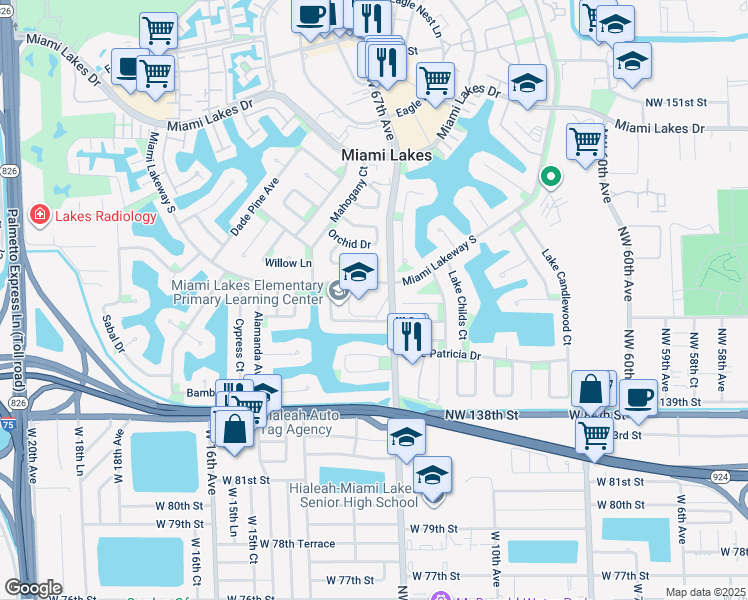 map of restaurants, bars, coffee shops, grocery stores, and more near 14250 Northwest 67th Avenue in Miami Lakes