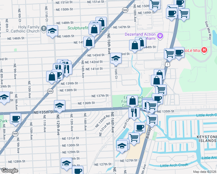 map of restaurants, bars, coffee shops, grocery stores, and more near 1585 Northeast 138th Street in North Miami