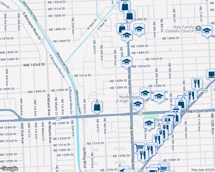 map of restaurants, bars, coffee shops, grocery stores, and more near 450 Northeast 140th Street in North Miami