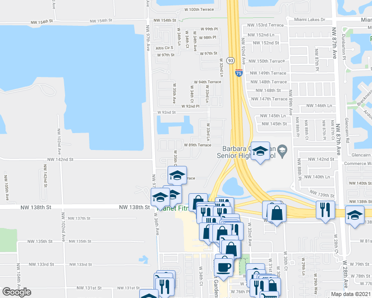 map of restaurants, bars, coffee shops, grocery stores, and more near 8912 West 34th Court in Hialeah