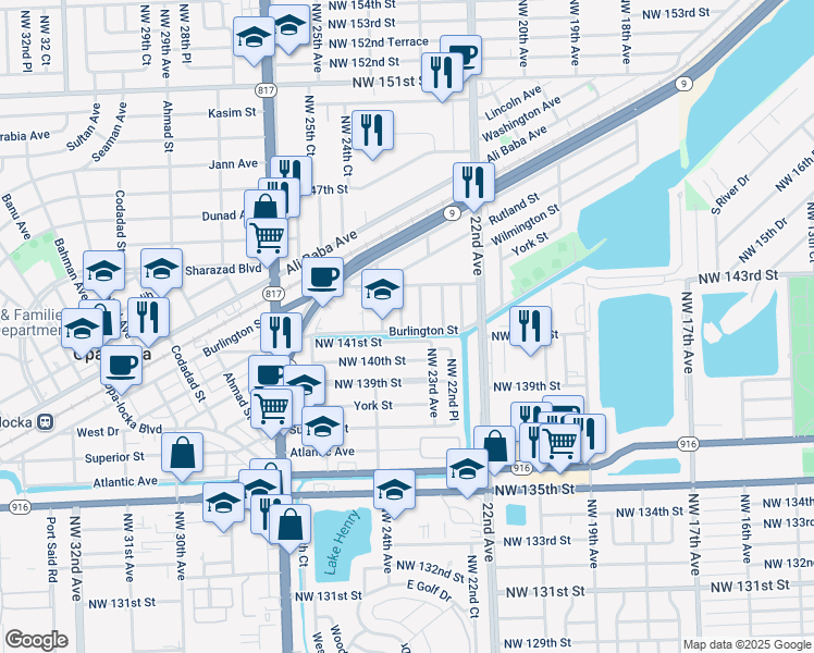 map of restaurants, bars, coffee shops, grocery stores, and more near 14141 Northwest 23rd Court in Opa-locka
