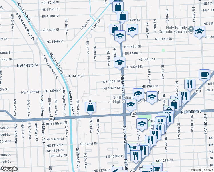map of restaurants, bars, coffee shops, grocery stores, and more near 450 Northeast 140th Street in North Miami