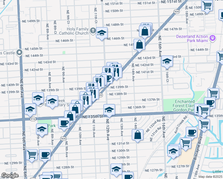 map of restaurants, bars, coffee shops, grocery stores, and more near 1270 Northeast 139th Street in North Miami