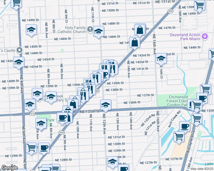 map of restaurants, bars, coffee shops, grocery stores, and more near 13970 West Dixie Highway in North Miami