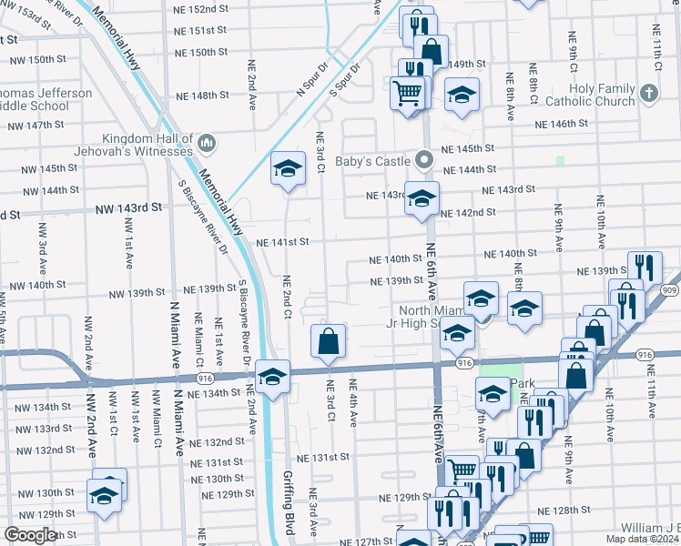 map of restaurants, bars, coffee shops, grocery stores, and more near 13904 Northeast 4th Avenue in Miami