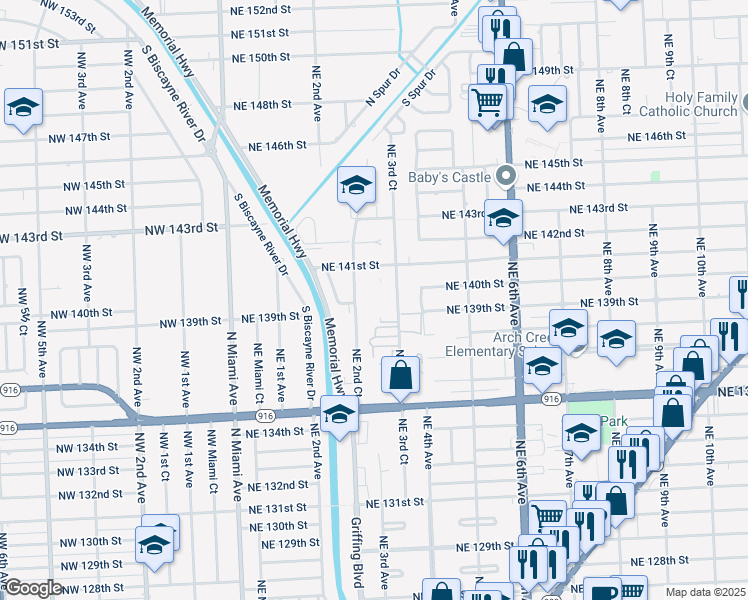 map of restaurants, bars, coffee shops, grocery stores, and more near 13900 Northeast 3rd Court in North Miami