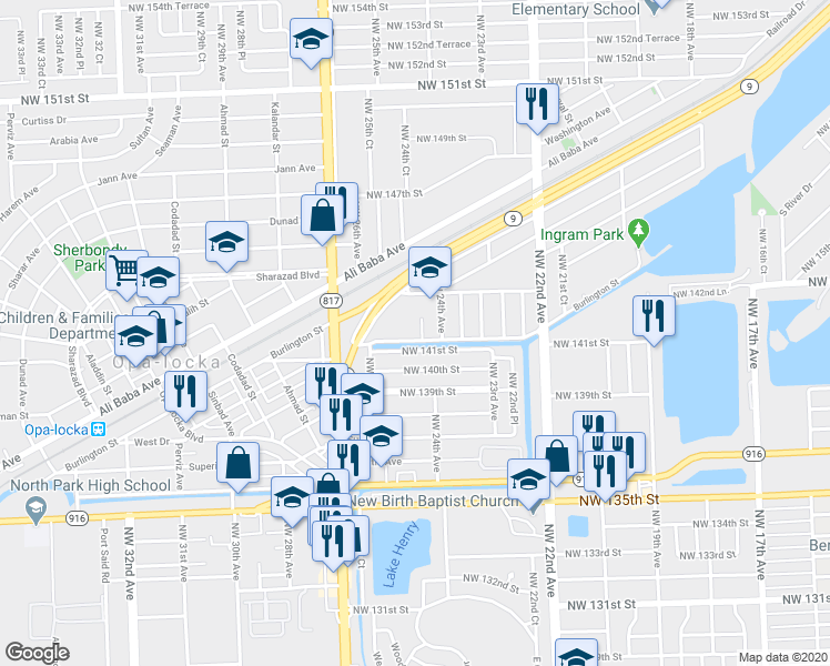 map of restaurants, bars, coffee shops, grocery stores, and more near 14140 Northwest 24th Court in Opa-locka