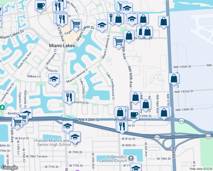 map of restaurants, bars, coffee shops, grocery stores, and more near 10476 Lake Crescent Place in Miami Lakes