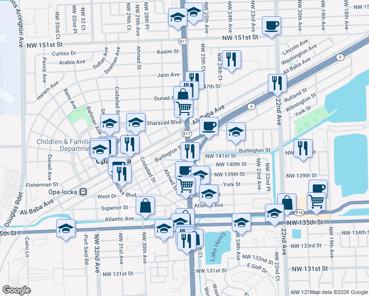 map of restaurants, bars, coffee shops, grocery stores, and more near in Opa-locka