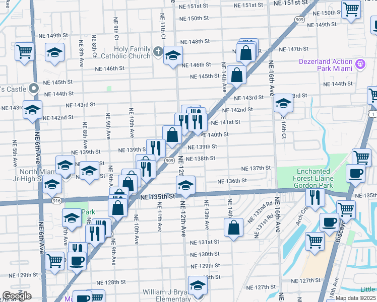 map of restaurants, bars, coffee shops, grocery stores, and more near in North Miami