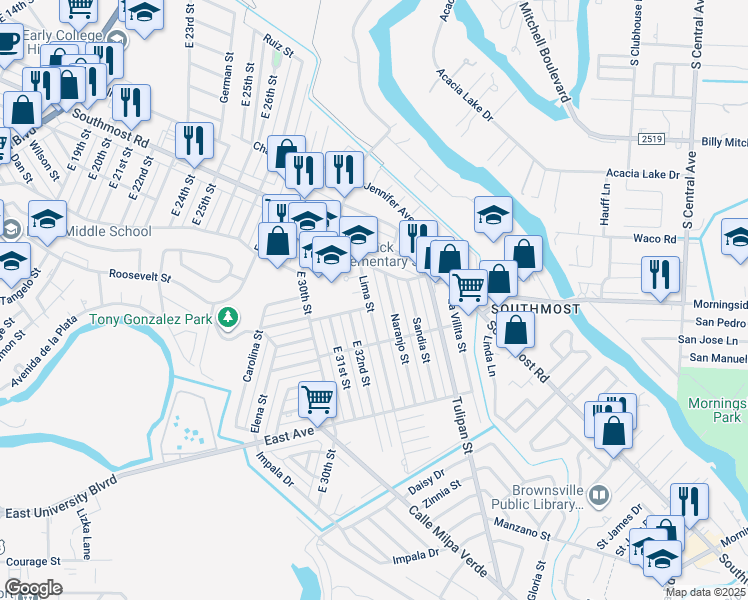 map of restaurants, bars, coffee shops, grocery stores, and more near 3055 Naranjo Street in Brownsville