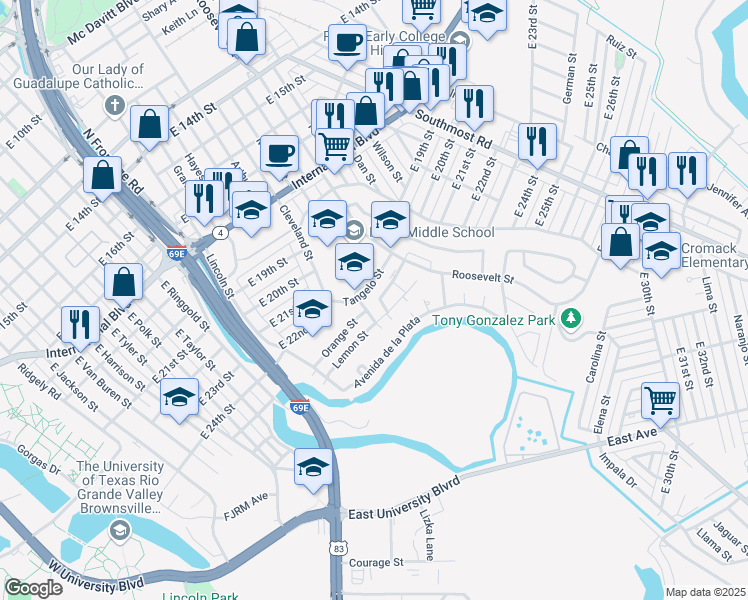 map of restaurants, bars, coffee shops, grocery stores, and more near 115 Orange Street in Brownsville