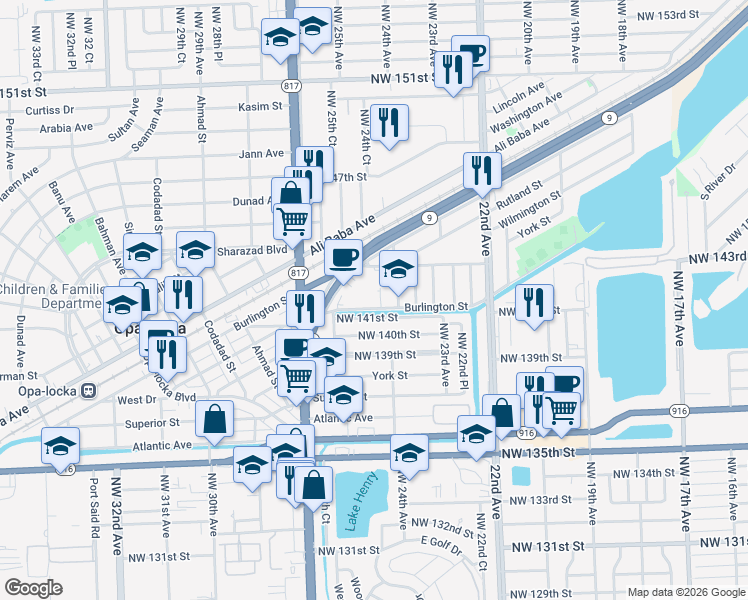 map of restaurants, bars, coffee shops, grocery stores, and more near 14120 Northwest 24th Court in Opa-locka