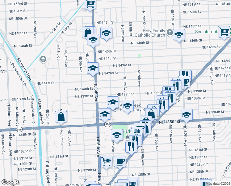 map of restaurants, bars, coffee shops, grocery stores, and more near 741 Northeast 139th Street in North Miami