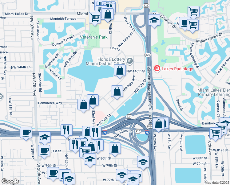 map of restaurants, bars, coffee shops, grocery stores, and more near 14355 Commerce Way in Miami Lakes