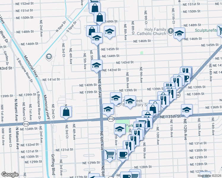 map of restaurants, bars, coffee shops, grocery stores, and more near 661 Northeast 139th Street in North Miami