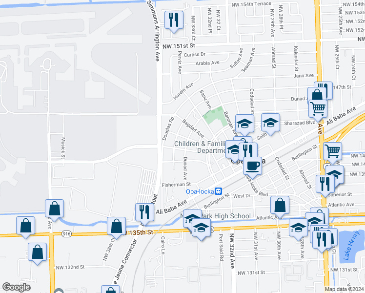 map of restaurants, bars, coffee shops, grocery stores, and more near 401 Dunad Avenue in Opa-locka
