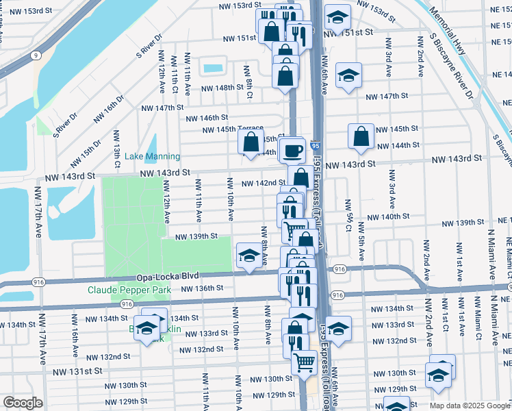 map of restaurants, bars, coffee shops, grocery stores, and more near 811 Northwest 140th Terrace in Miami