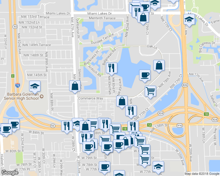 map of restaurants, bars, coffee shops, grocery stores, and more near 8360 Northwest 143rd Terrace in Hialeah