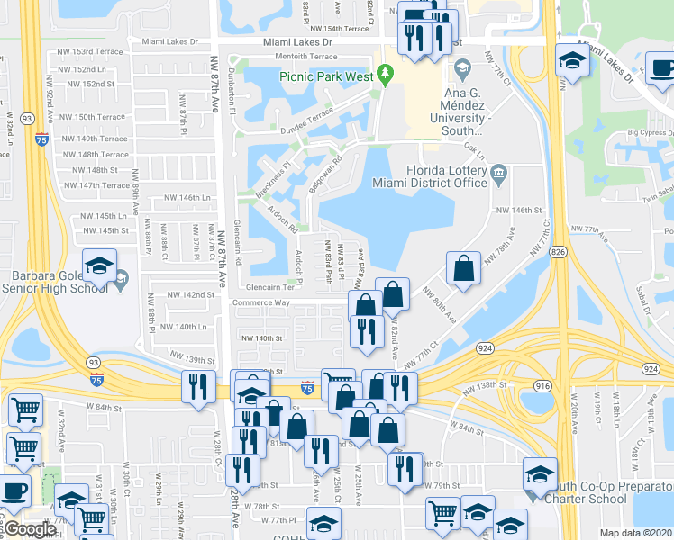 map of restaurants, bars, coffee shops, grocery stores, and more near 8342 Northwest 143rd Terrace in Hialeah