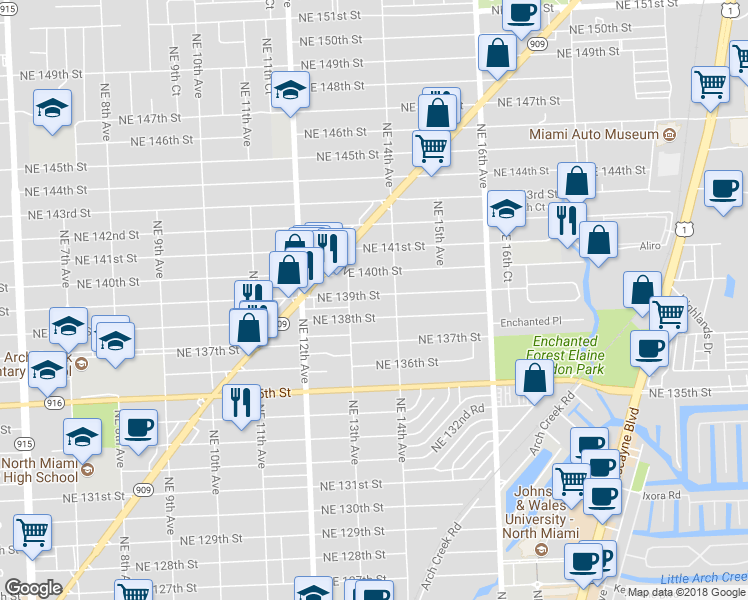 map of restaurants, bars, coffee shops, grocery stores, and more near 1340 Northeast 139th Street in North Miami