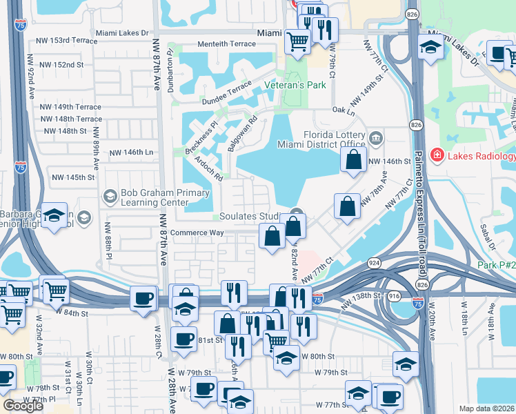 map of restaurants, bars, coffee shops, grocery stores, and more near 8324 Northwest 143rd Terrace in Miami Lakes