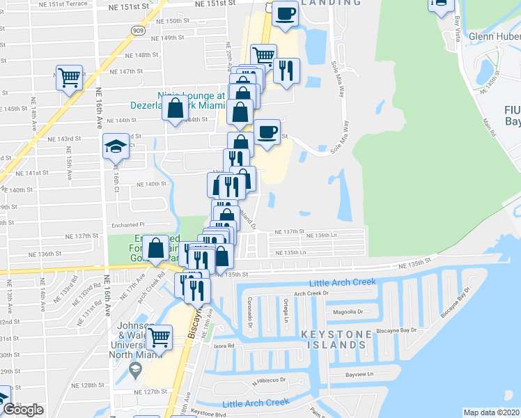 map of restaurants, bars, coffee shops, grocery stores, and more near 13767 Seabreeze Drive in North Miami Beach