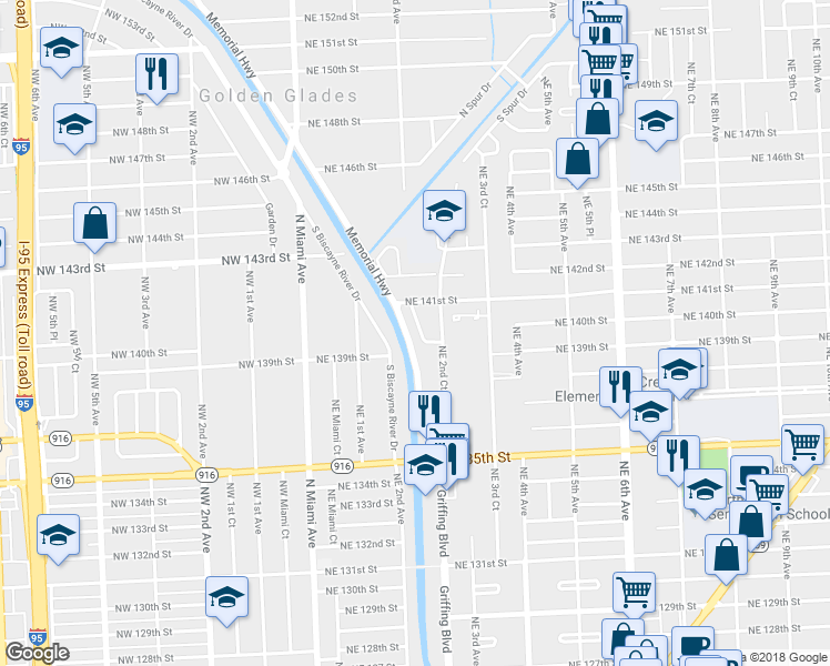 map of restaurants, bars, coffee shops, grocery stores, and more near 13961 Northeast 2nd Avenue in Miami