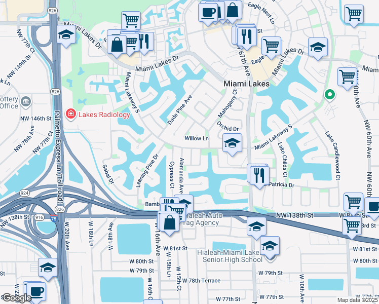 map of restaurants, bars, coffee shops, grocery stores, and more near 14305 Marginada Court in Miami Lakes