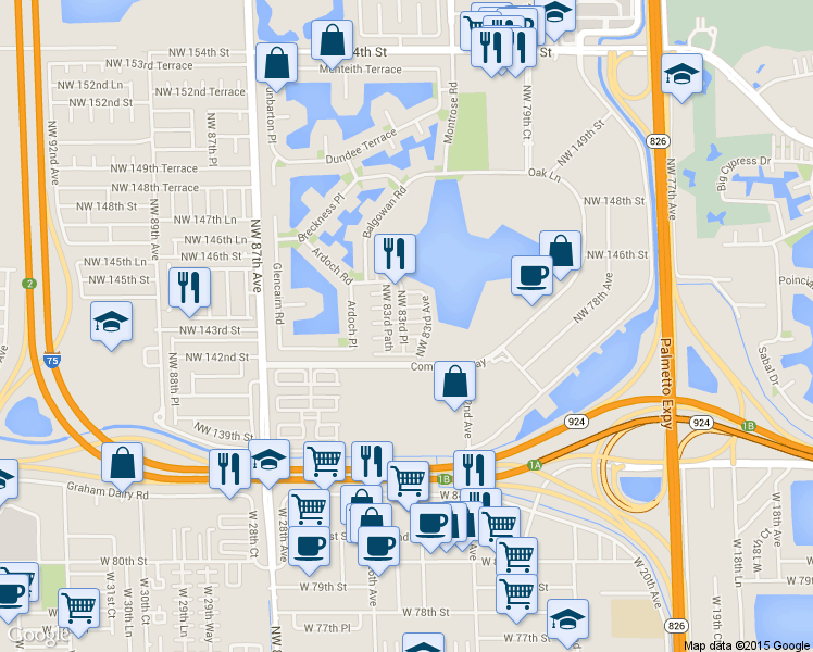 map of restaurants, bars, coffee shops, grocery stores, and more near 8360 Northwest 143rd Terrace in Hialeah