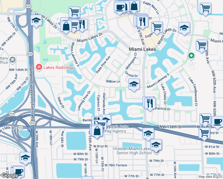 map of restaurants, bars, coffee shops, grocery stores, and more near 14305 Marginada Court in Miami Lakes