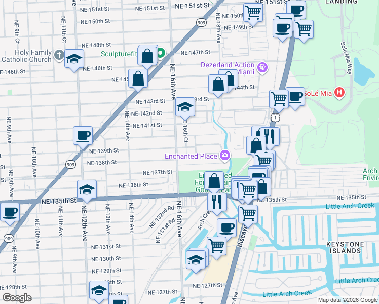 map of restaurants, bars, coffee shops, grocery stores, and more near 13855 Northeast 16th Court in North Miami