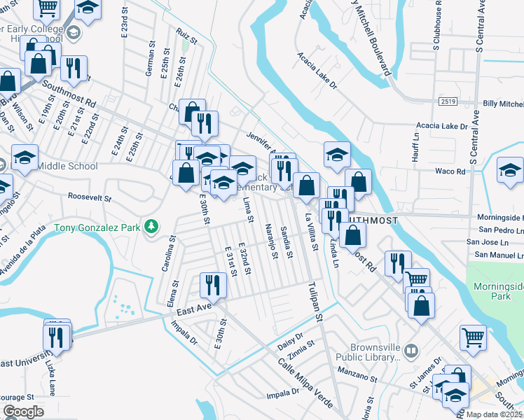 map of restaurants, bars, coffee shops, grocery stores, and more near 3055 Naranjo Street in Brownsville