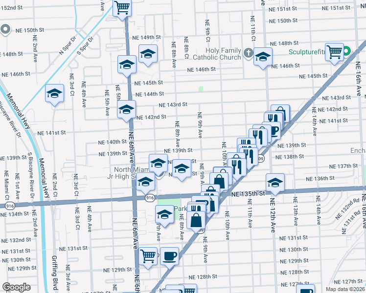 map of restaurants, bars, coffee shops, grocery stores, and more near 811 Northeast 139th Street in North Miami