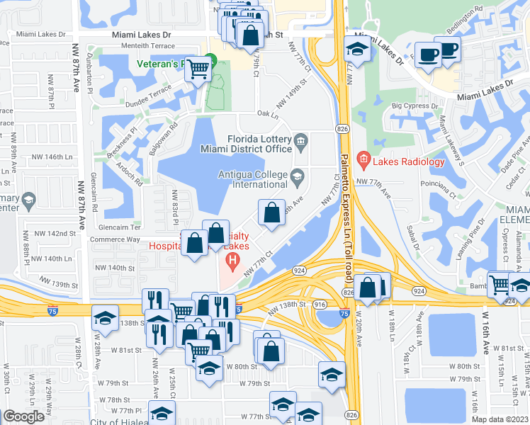 map of restaurants, bars, coffee shops, grocery stores, and more near 14355 Commerce Way in Miami Lakes