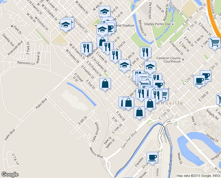 map of restaurants, bars, coffee shops, grocery stores, and more near 504 East Saint Francis Street in Brownsville