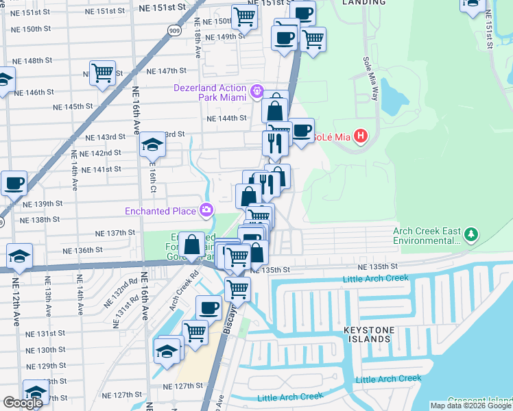 map of restaurants, bars, coffee shops, grocery stores, and more near 13750 Biscayne Boulevard in North Miami Beach