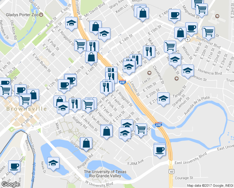 map of restaurants, bars, coffee shops, grocery stores, and more near 1844 East Ringgold Street in Brownsville