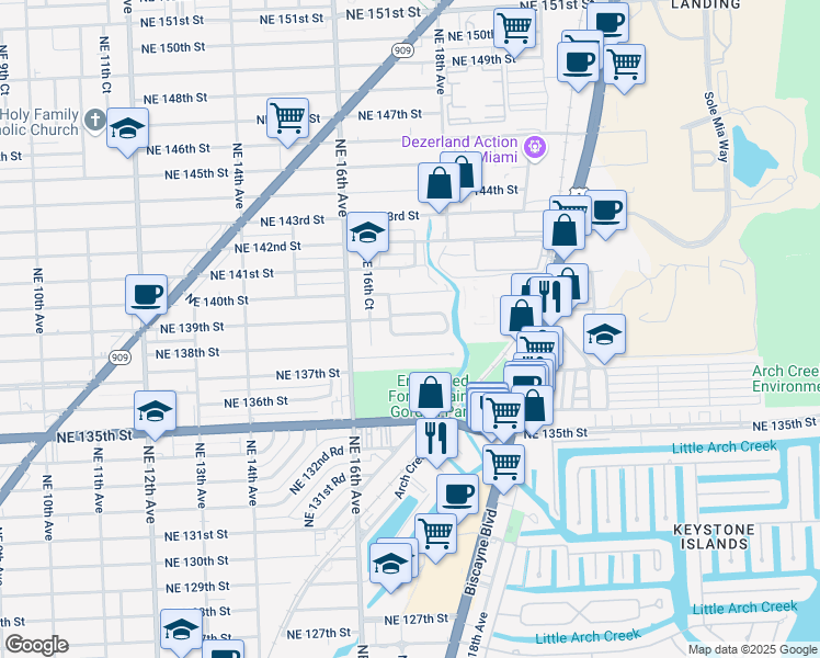 map of restaurants, bars, coffee shops, grocery stores, and more near 1721 Northeast 138th Street in North Miami
