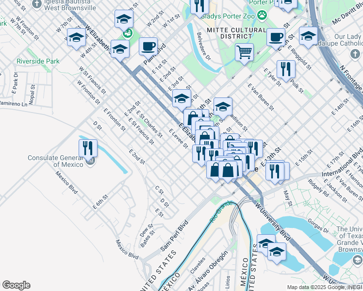 map of restaurants, bars, coffee shops, grocery stores, and more near 647 East Saint Charles Street in Brownsville