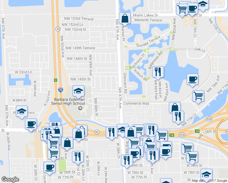 map of restaurants, bars, coffee shops, grocery stores, and more near 8732 Northwest 143rd Terrace in Hialeah