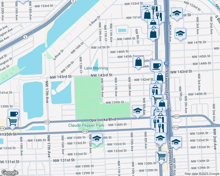 map of restaurants, bars, coffee shops, grocery stores, and more near 1130 NW 141st St in Miami