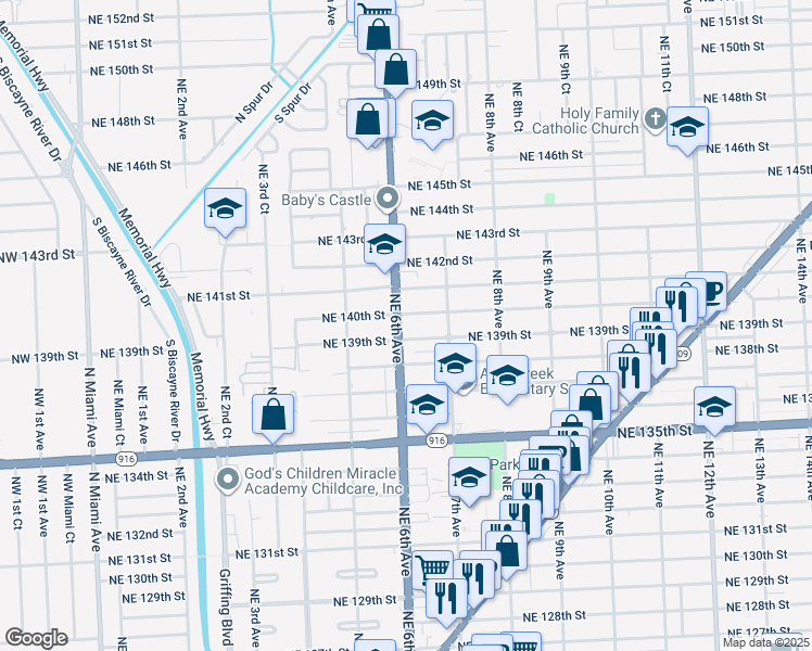 map of restaurants, bars, coffee shops, grocery stores, and more near in North Miami