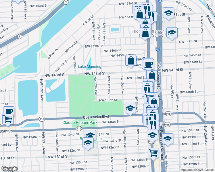 map of restaurants, bars, coffee shops, grocery stores, and more near 1130 Northwest 141st Street in Miami